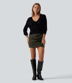 High Waisted Ruched Leopard Print Corduroy Casual Mini Skirt — Big Forest Cat — view 6
