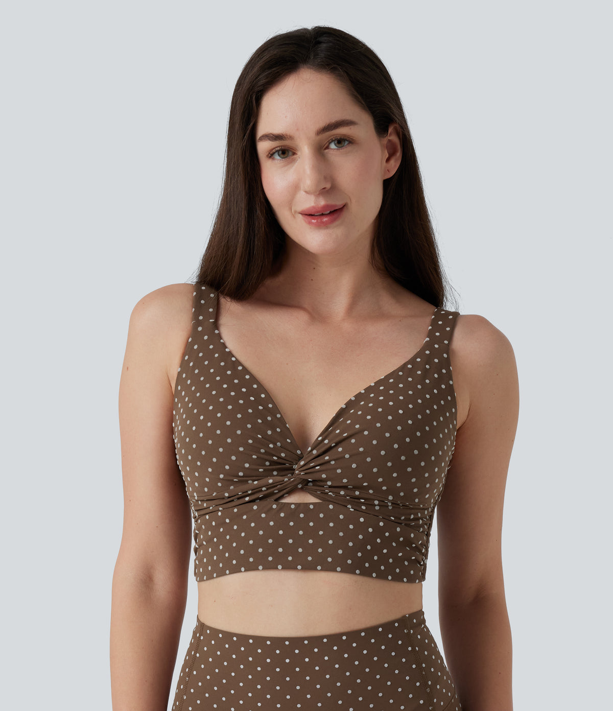 Light Support V-Neck Polka Dot Yoga Sports Bra with Molded Cups — Golden Brown Dot — view 1