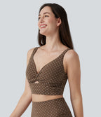 Light Support V-Neck Polka Dot Yoga Sports Bra with Molded Cups — Golden Brown Dot — view 3