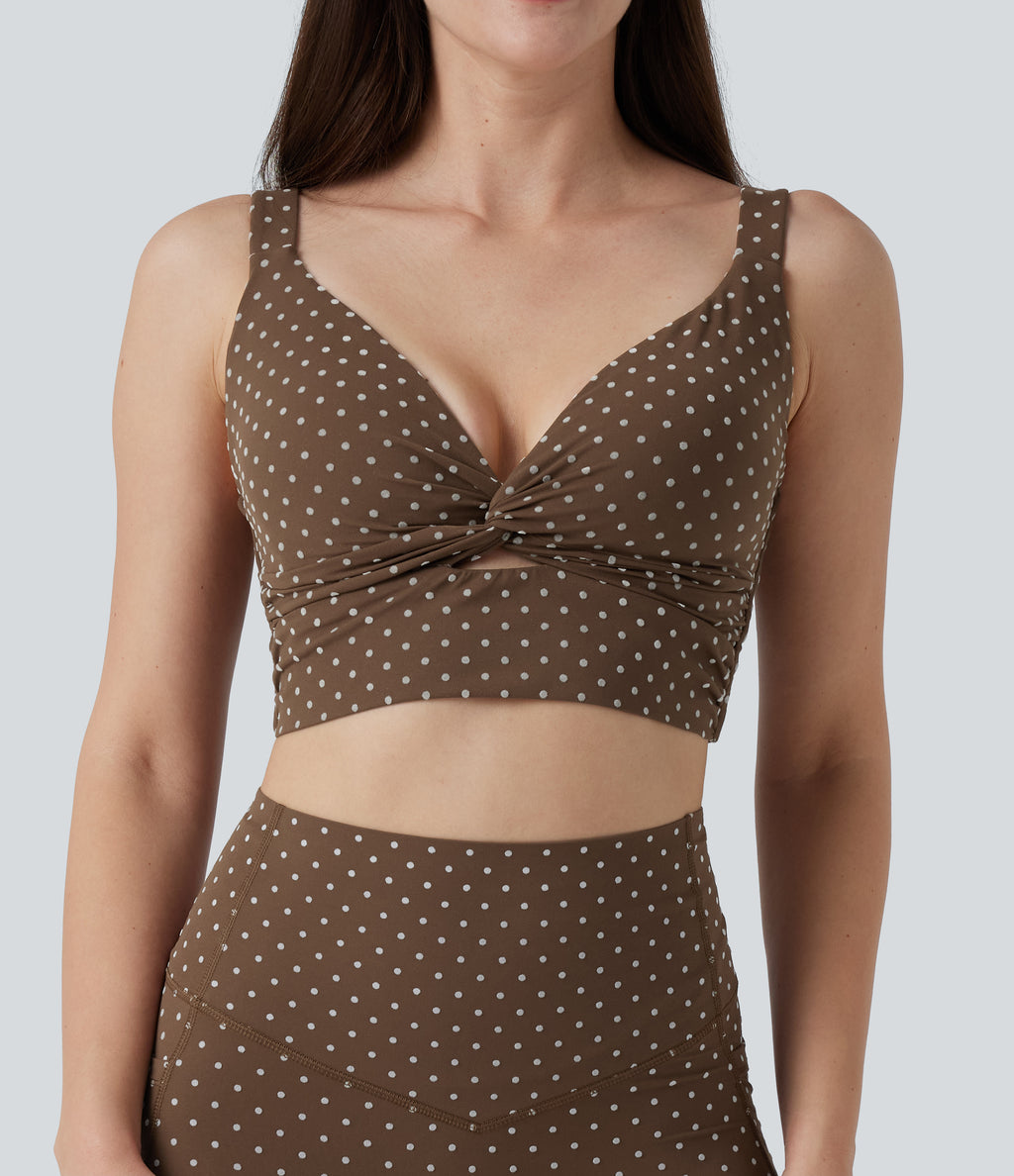 Light Support V-Neck Polka Dot Yoga Sports Bra with Molded Cups — Golden Brown Dot — view 5