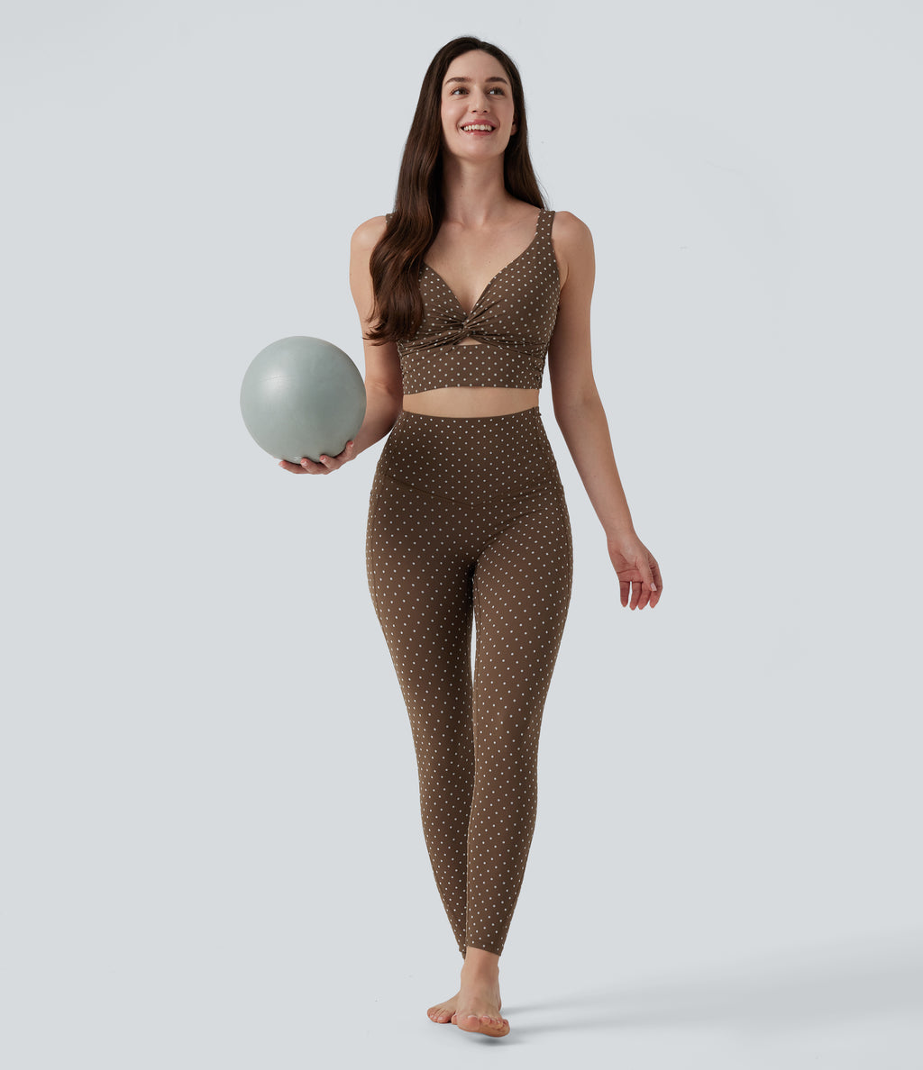 Light Support V-Neck Polka Dot Yoga Sports Bra with Molded Cups — Golden Brown Dot — view 7