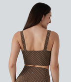 Light Support V-Neck Polka Dot Yoga Sports Bra with Molded Cups — Golden Brown Dot — view 2