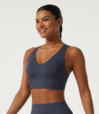 Light Support V-Neck Cut Out InstantCool Quick Dry Running Sports Bra with Built-in Bra — Mood Indigo — view 3