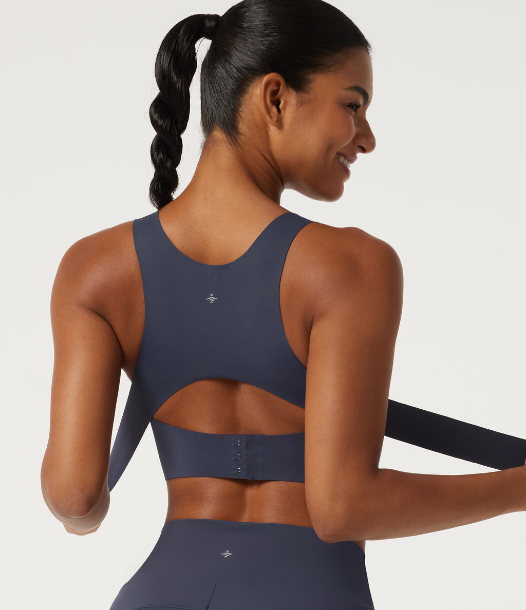 Light Support V-Neck Cut Out InstantCool Quick Dry Running Sports Bra with Built-in Bra — Mood Indigo — view 7