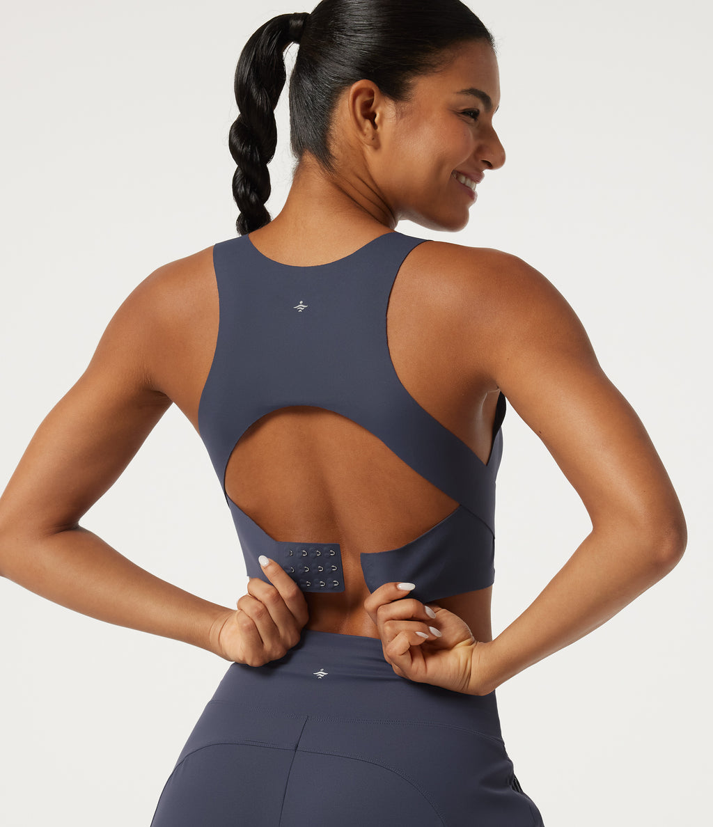 Light Support V-Neck Cut Out InstantCool Quick Dry Running Sports Bra with Built-in Bra — Mood Indigo — view 2