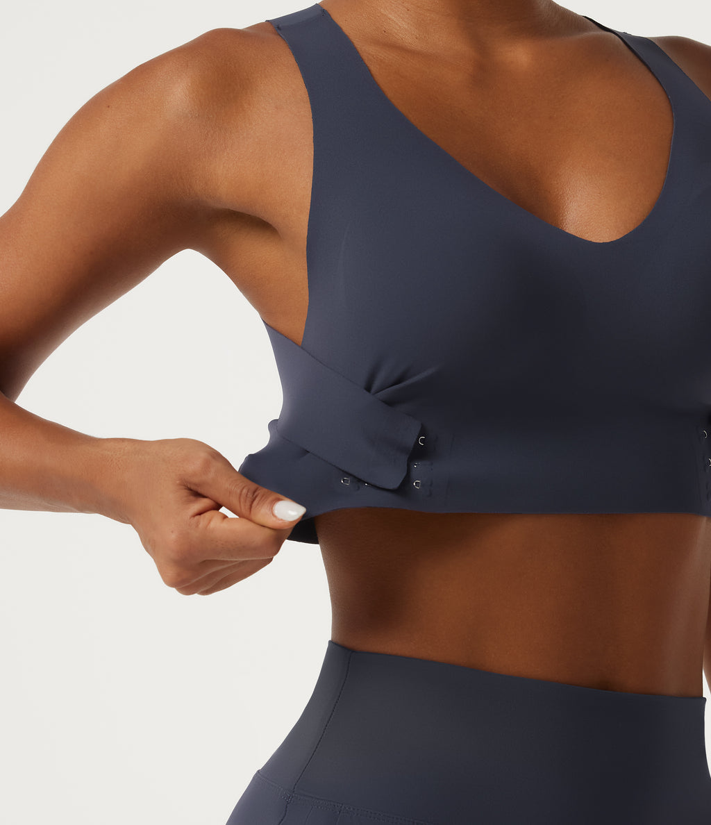 Light Support V-Neck Cut Out InstantCool Quick Dry Running Sports Bra with Built-in Bra — Mood Indigo — view 8