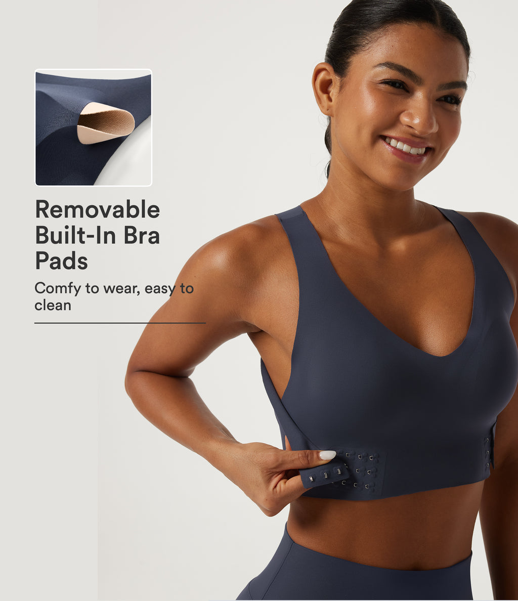 Light Support V-Neck Cut Out InstantCool Quick Dry Running Sports Bra with Built-in Bra — Mood Indigo — view 1