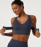 Light Support V-Neck Cut Out InstantCool Quick Dry Running Sports Bra with Built-in Bra — Mood Indigo — view 6