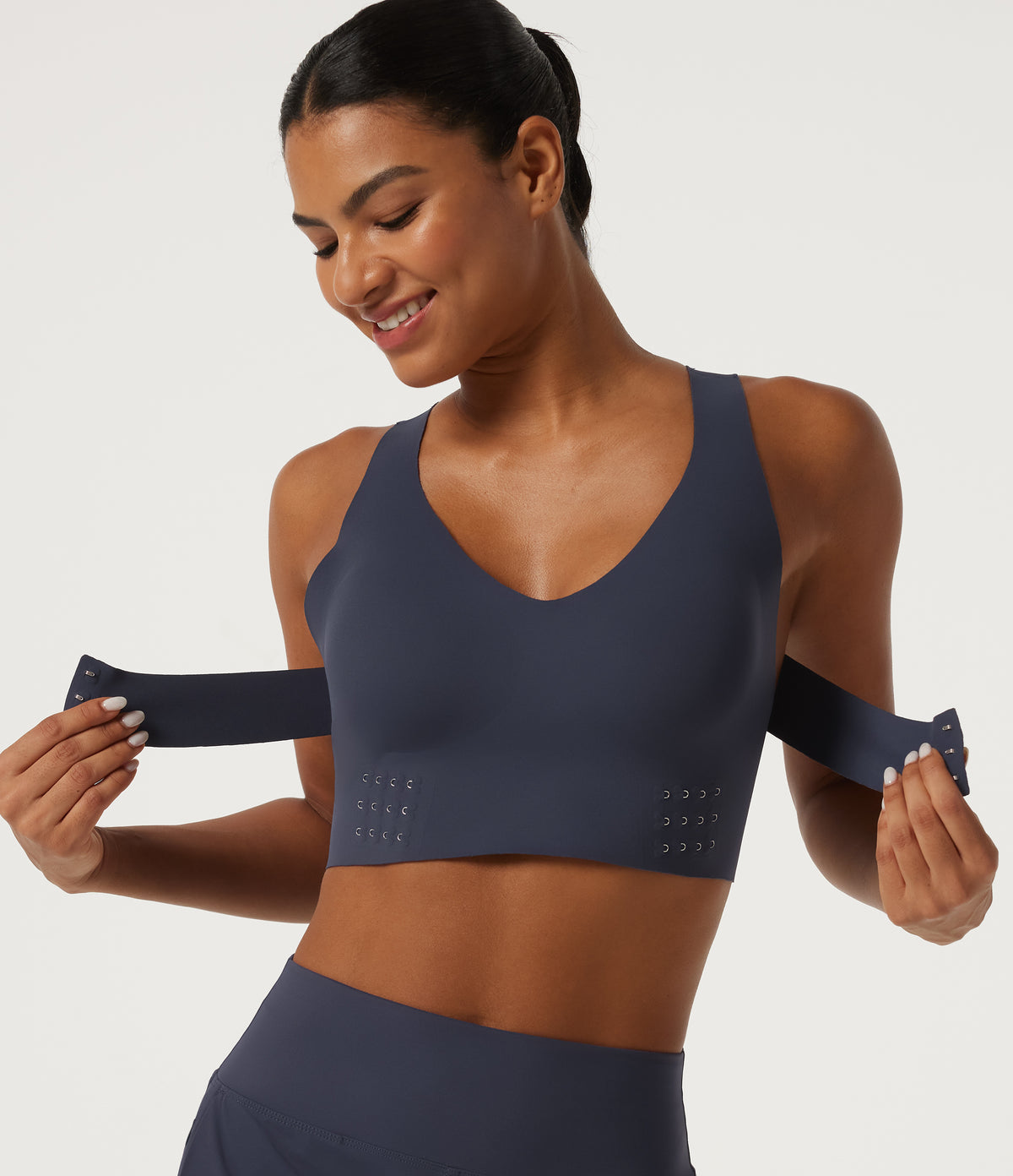Light Support V-Neck Cut Out InstantCool Quick Dry Running Sports Bra with Built-in Bra — Mood Indigo — view 6