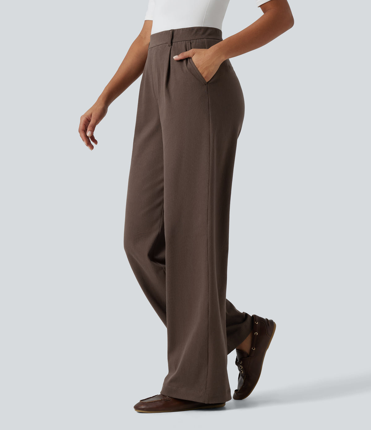 High Waisted Wide Leg Work Trousers with Pockets — Chocolate Martini — view 2