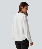 Collared Long Sleeve Curved Hem Work Blouse — White — view 2