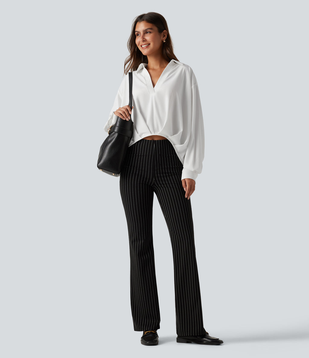 Collared Long Sleeve Curved Hem Work Blouse — White — view 6