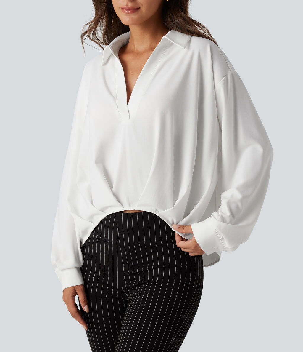 Collared Long Sleeve Curved Hem Work Blouse — White — view 5
