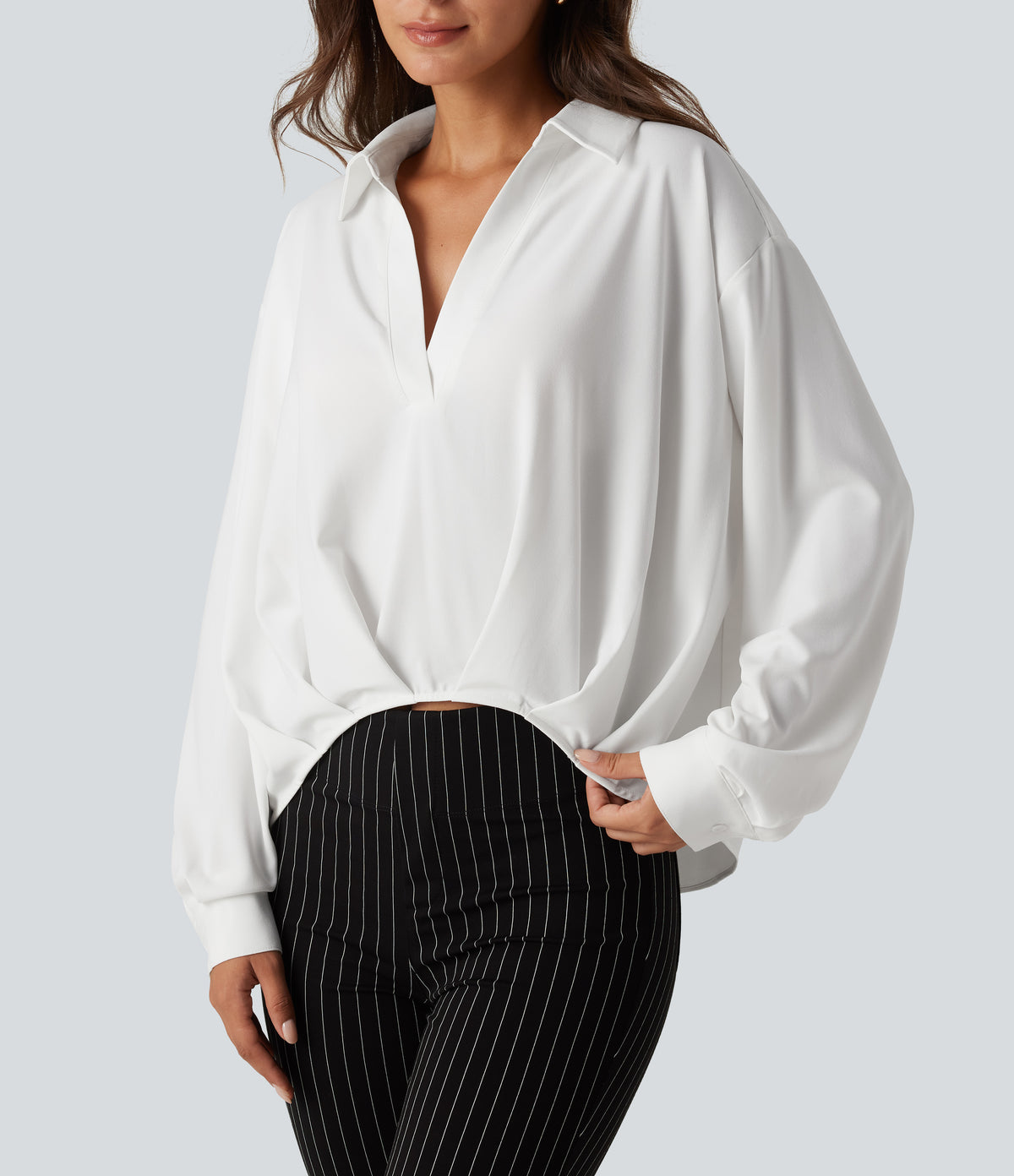 Collared Long Sleeve Curved Hem Work Blouse — White — view 5
