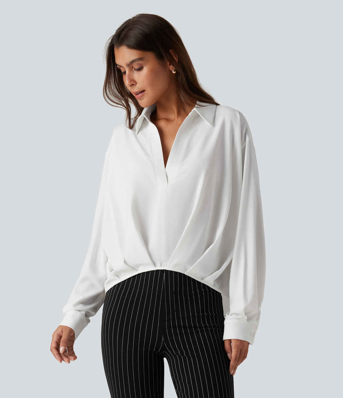 Collared Long Sleeve Curved Hem Work Blouse — White — view 4