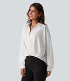 Collared Long Sleeve Curved Hem Work Blouse — White — view 3