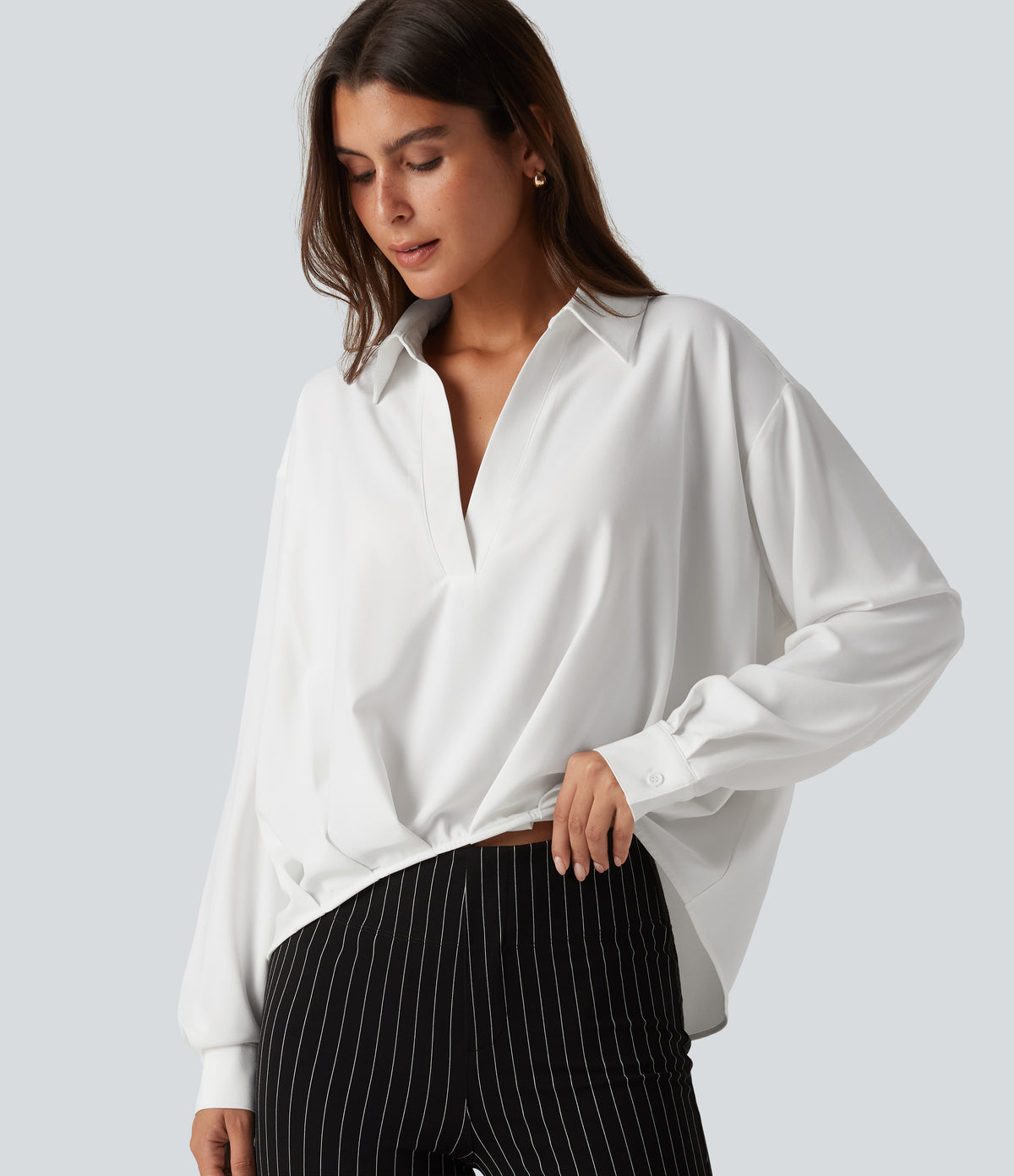 Collared Long Sleeve Curved Hem Work Blouse — White — view 1