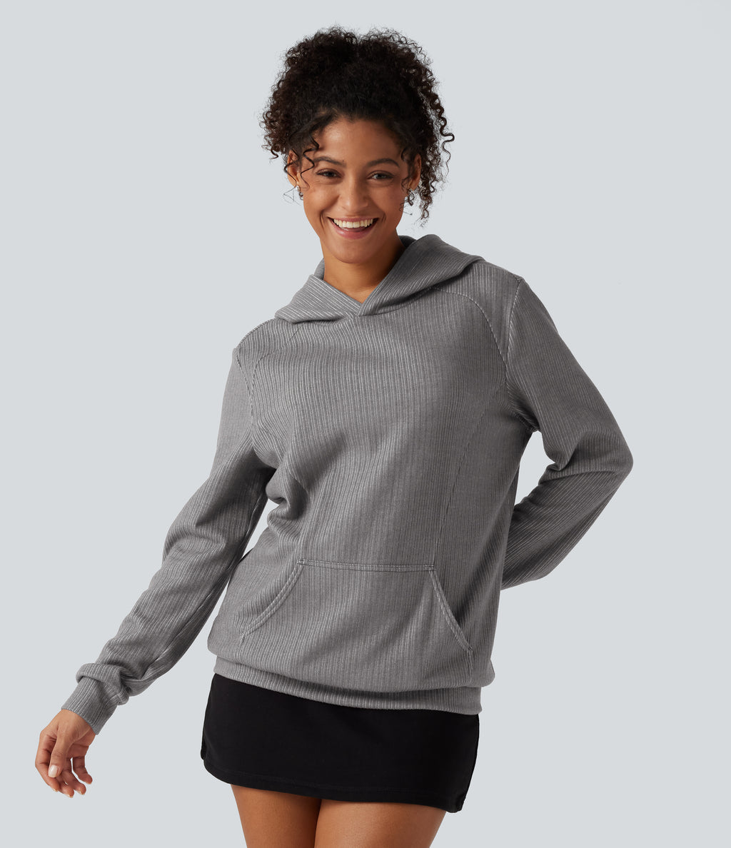 Ribbed Hooded Long Sleeve Casual Sweatshirt with Pocket — Mockingbird — view 4