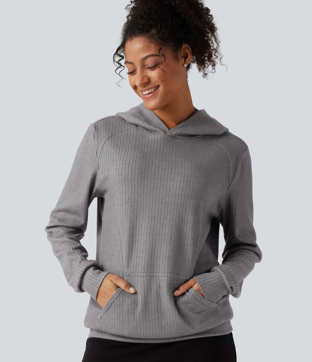Ribbed Hooded Long Sleeve Casual Sweatshirt with Pocket — Mockingbird — view 1