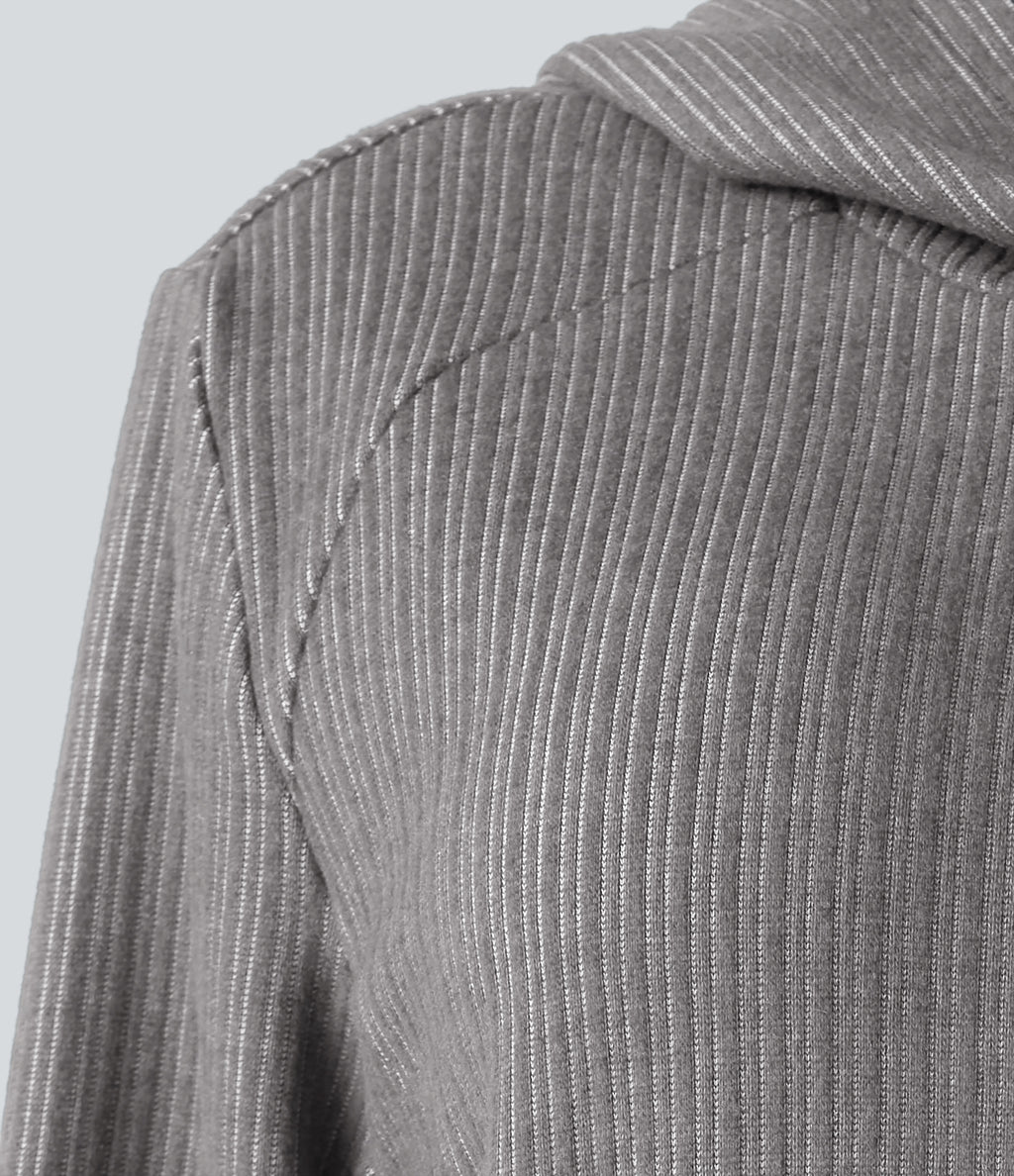 Ribbed Hooded Long Sleeve Casual Sweatshirt with Pocket — Mockingbird — view 6