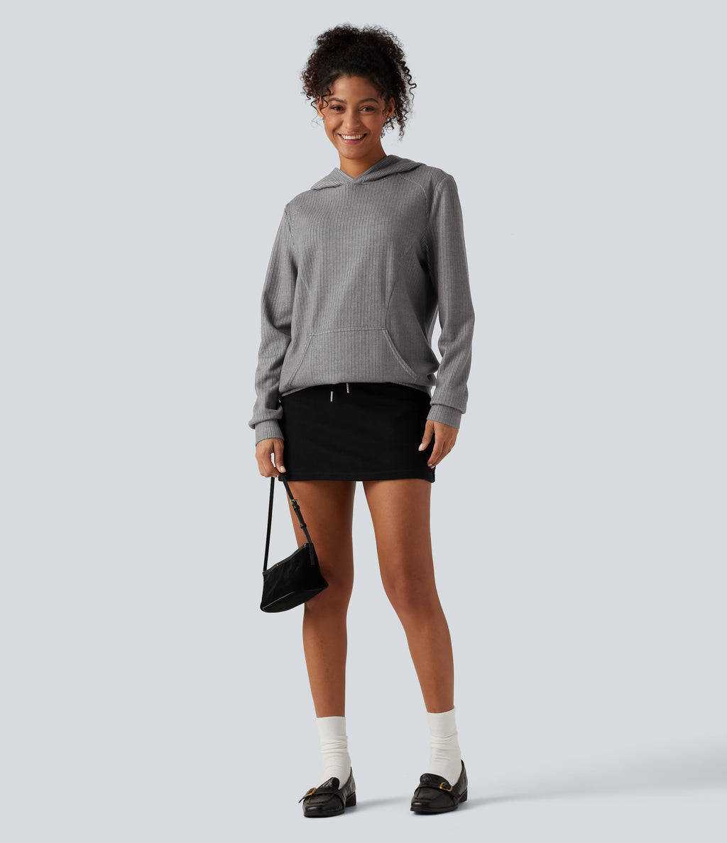 Ribbed Hooded Long Sleeve Casual Sweatshirt with Pocket — Mockingbird — view 7