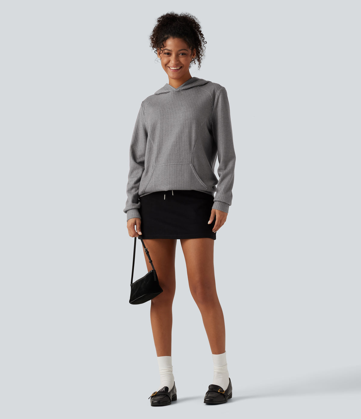 Ribbed Hooded Long Sleeve Casual Sweatshirt with Pocket — Mockingbird — view 7
