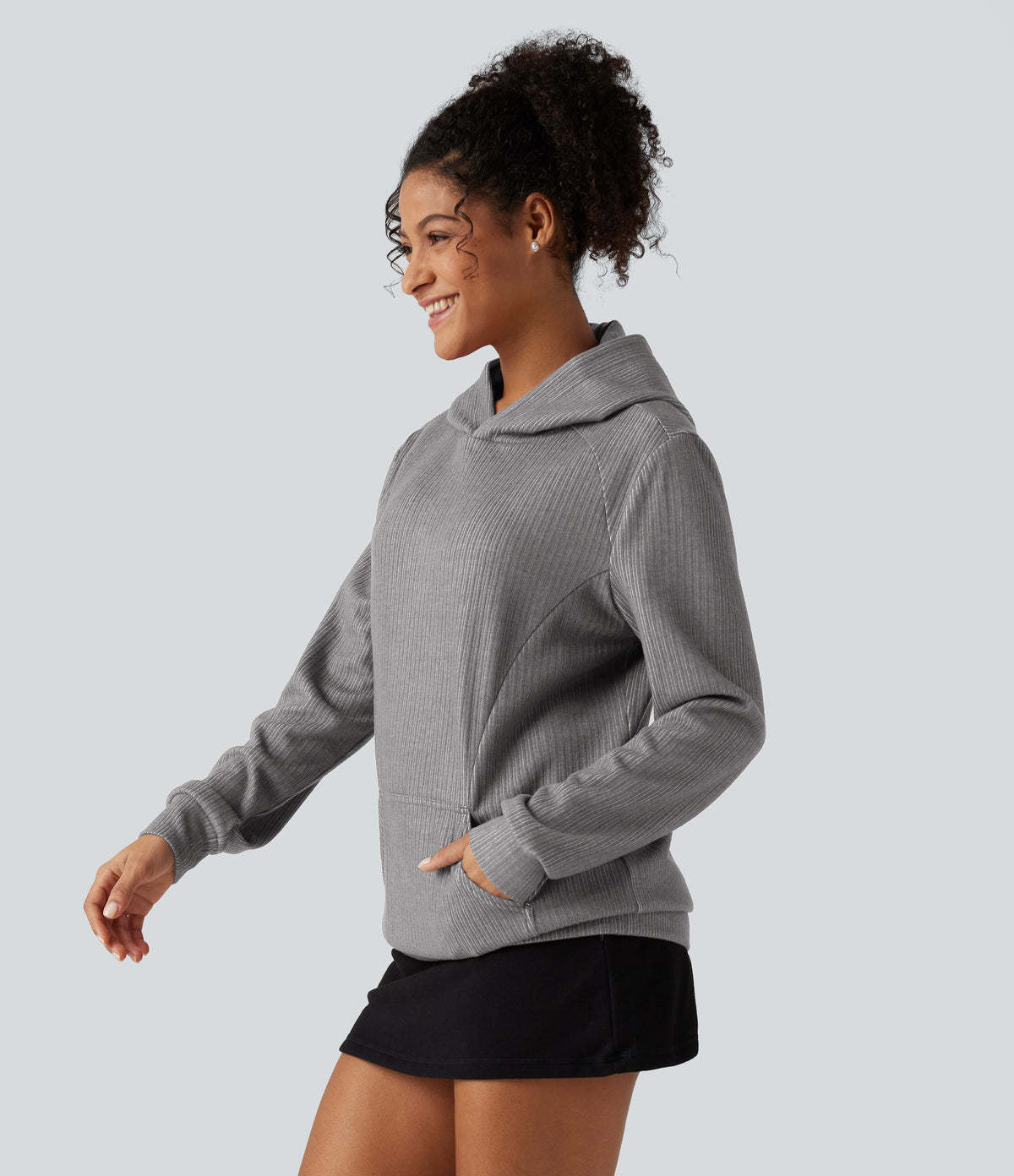 Ribbed Hooded Long Sleeve Casual Sweatshirt with Pocket — Mockingbird — view 3