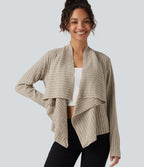Ribbed Knit Collared Open Front Long Sleeve Casual Cardigan — Ridge Sand Khaki — view 1