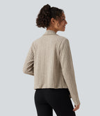 Ribbed Knit Collared Open Front Long Sleeve Casual Cardigan — Ridge Sand Khaki — view 2