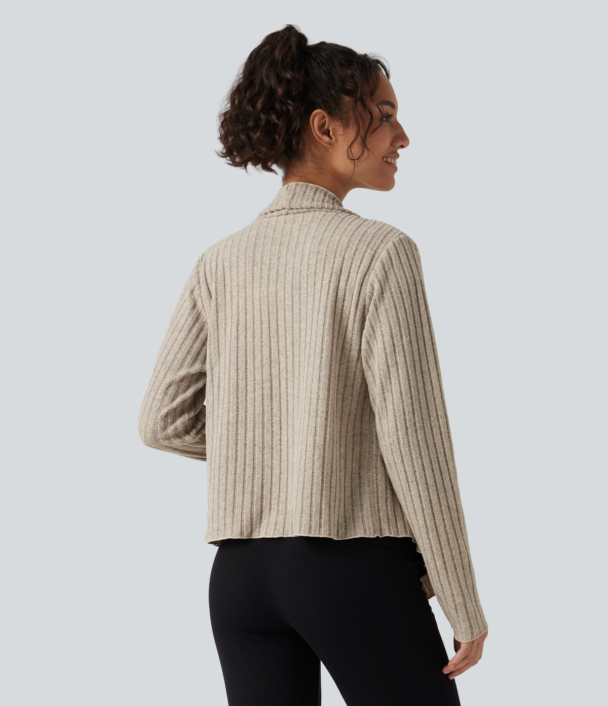 Ribbed Knit Collared Open Front Long Sleeve Casual Cardigan — Ridge Sand Khaki — view 2