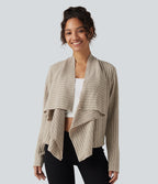 Ribbed Knit Collared Open Front Long Sleeve Casual Cardigan — Ridge Sand Khaki — view 4