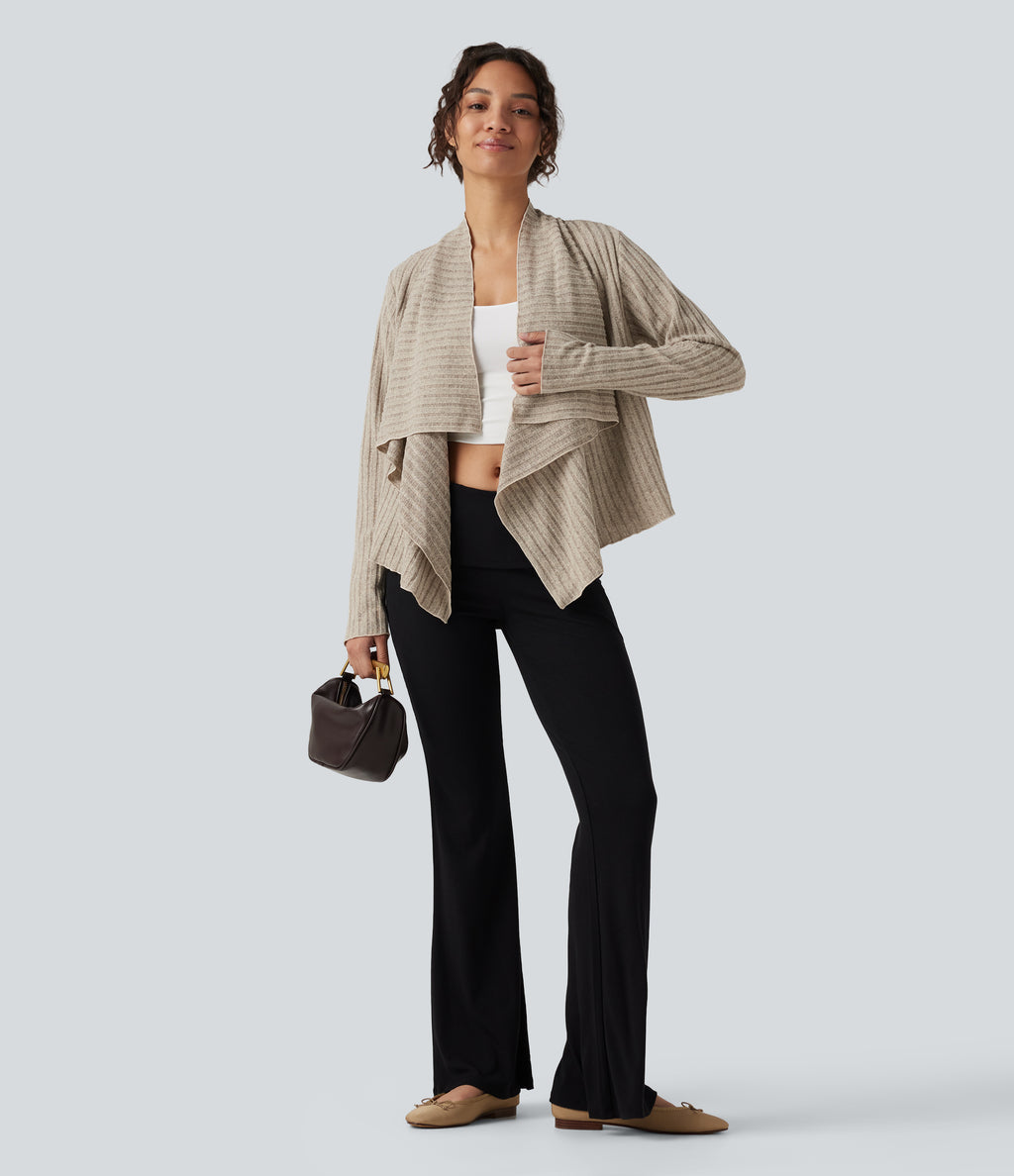 Ribbed Knit Collared Open Front Long Sleeve Casual Cardigan — Ridge Sand Khaki — view 6