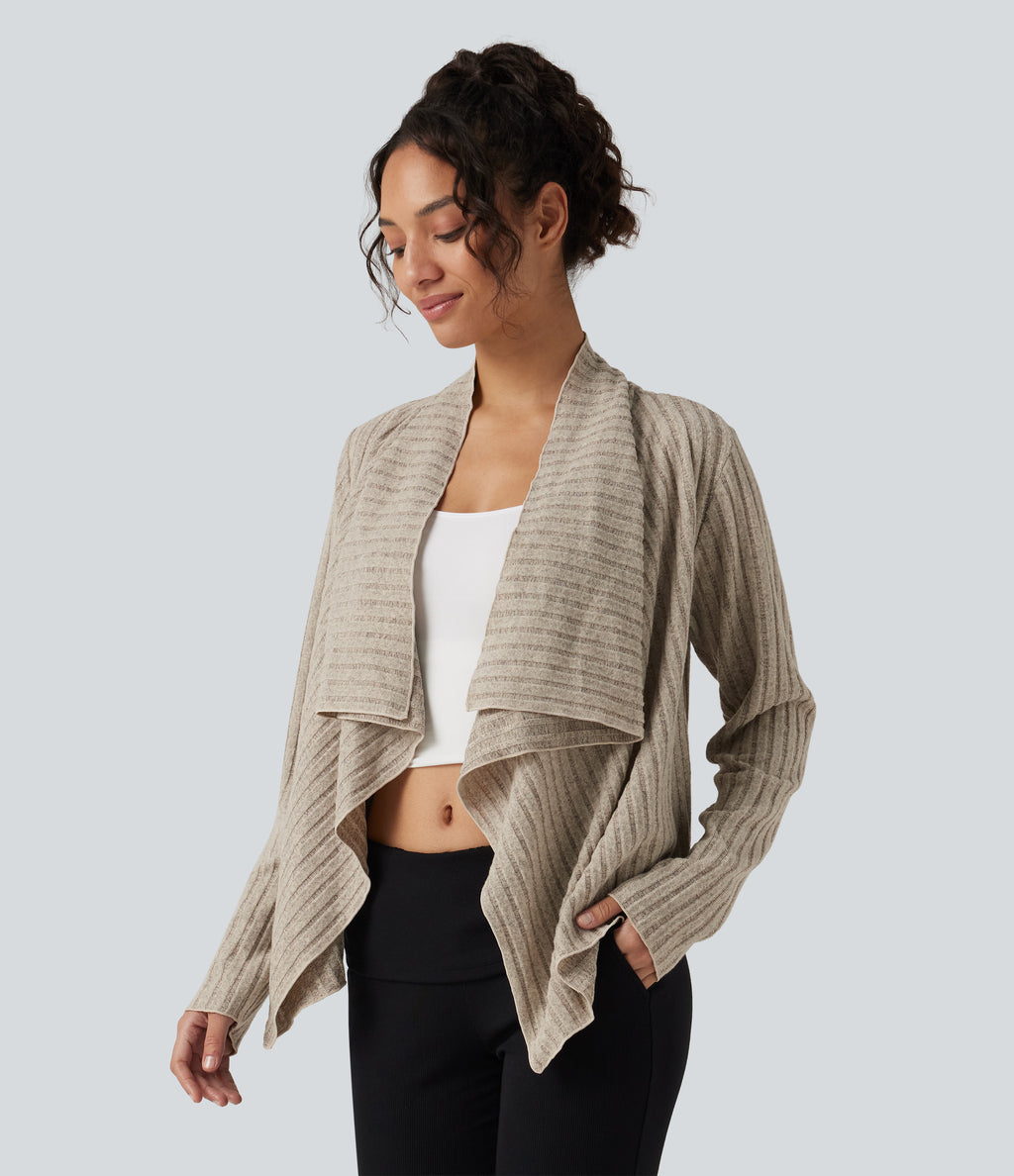 Ribbed Knit Collared Open Front Long Sleeve Casual Cardigan — Ridge Sand Khaki — view 3