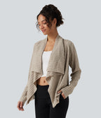 Ribbed Knit Collared Open Front Long Sleeve Casual Cardigan — Ridge Sand Khaki — view 3