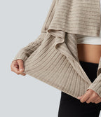 Ribbed Knit Collared Open Front Long Sleeve Casual Cardigan — Ridge Sand Khaki — view 5
