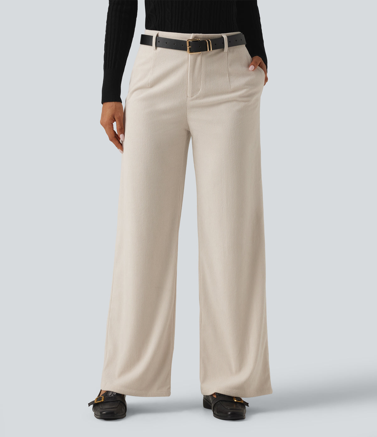 Mid Rise Wide Leg Corduroy Casual Trousers with Pockets — White — view 4