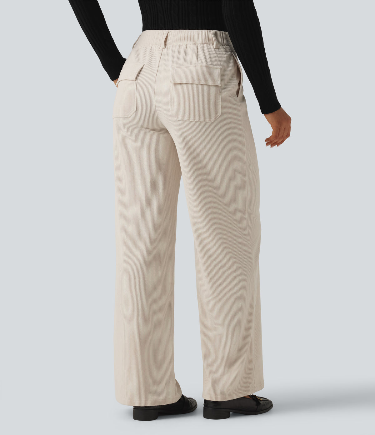 Mid Rise Wide Leg Corduroy Casual Trousers with Pockets — White — view 2