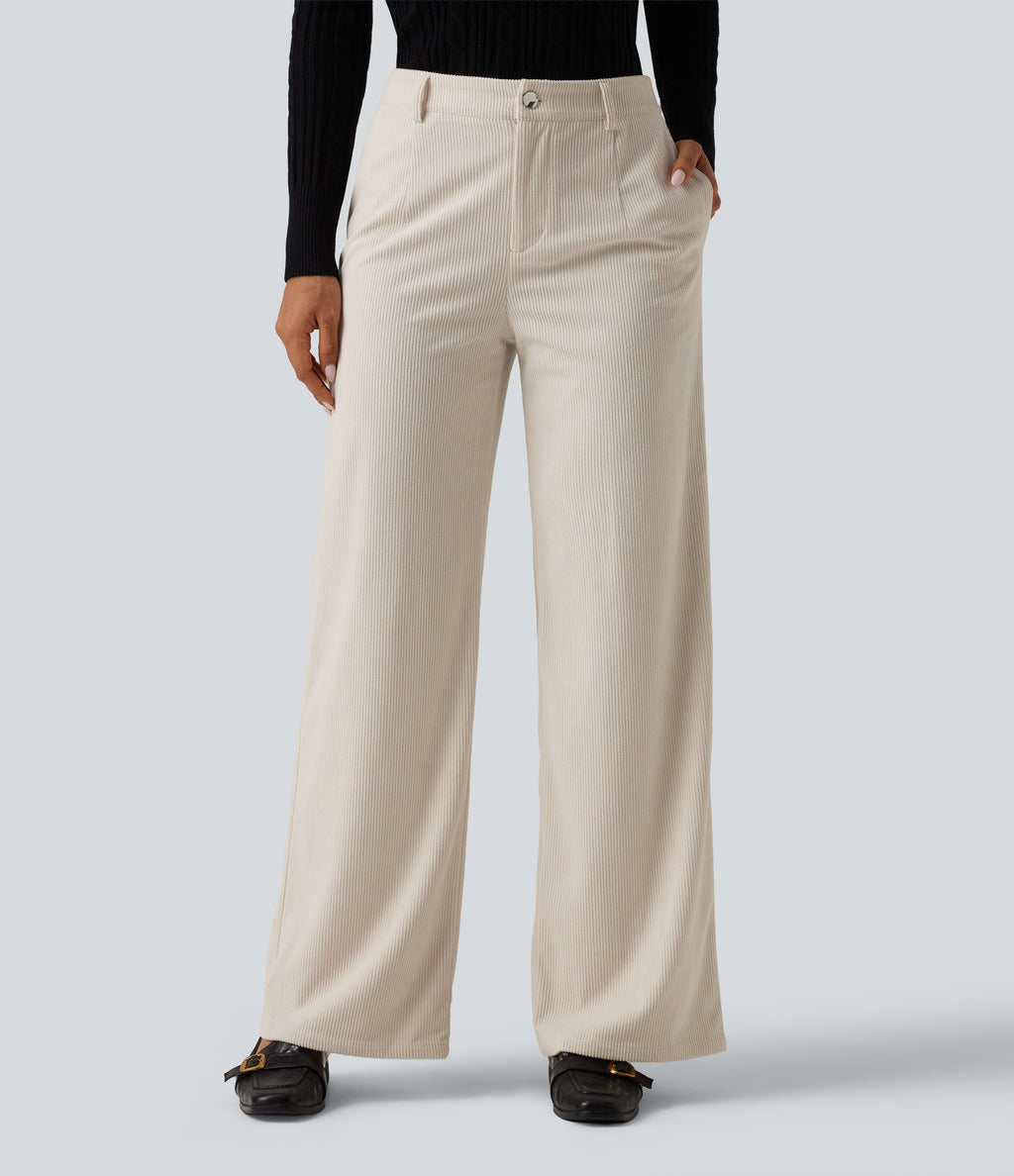 Mid Rise Wide Leg Corduroy Casual Trousers with Pockets — White — view 1