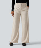 Mid Rise Wide Leg Corduroy Casual Trousers with Pockets — White — view 1