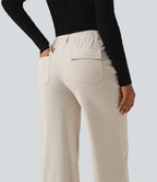Mid Rise Wide Leg Corduroy Casual Trousers with Pockets — White — view 5