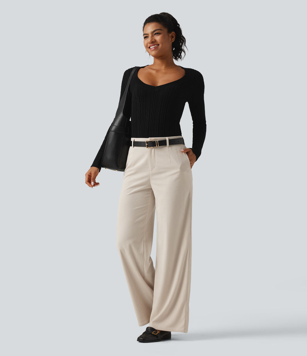 Mid Rise Wide Leg Corduroy Casual Trousers with Pockets — White — view 7