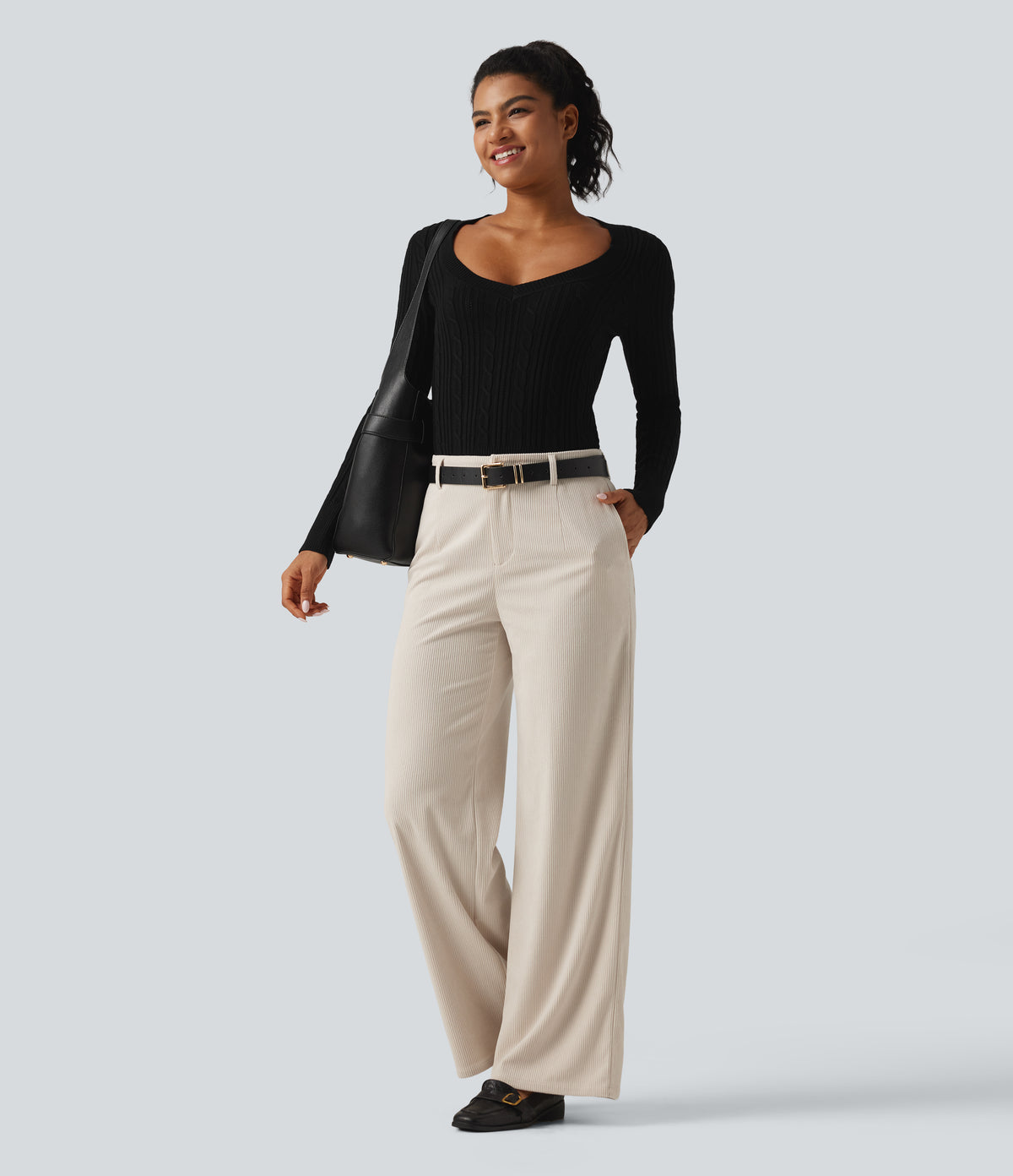 Mid Rise Wide Leg Corduroy Casual Trousers with Pockets — White — view 7
