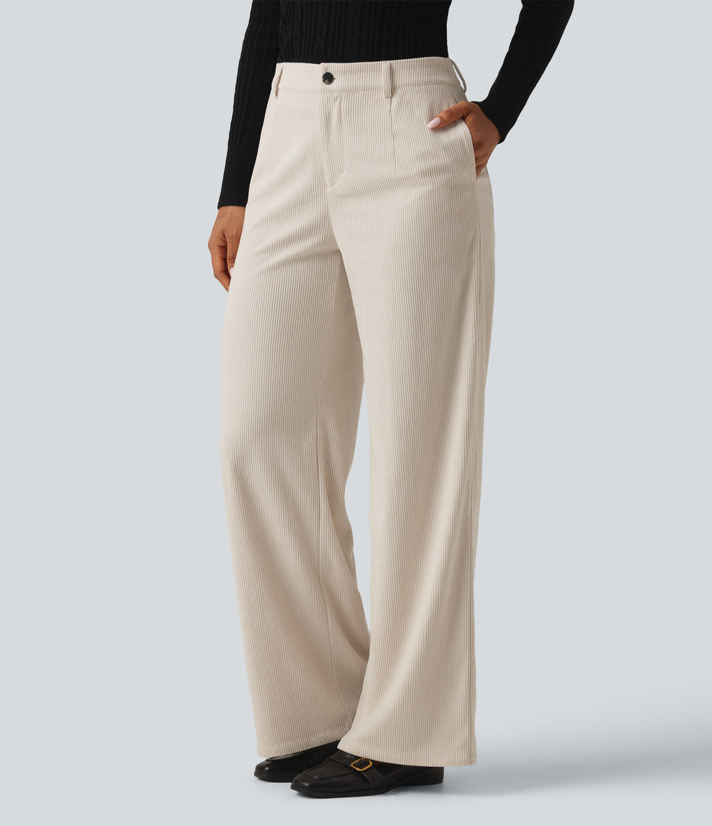 Mid Rise Wide Leg Corduroy Casual Trousers with Pockets — White — view 3