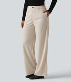Mid Rise Wide Leg Corduroy Casual Trousers with Pockets — White — view 3