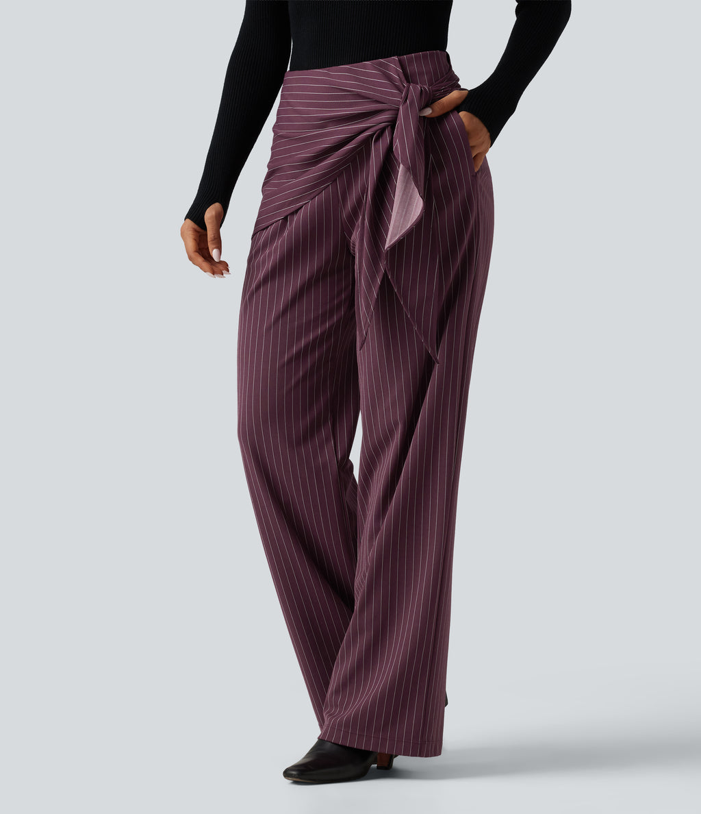 High Waisted Tie Side Wide Leg Stripe Work Trousers with Pockets — Plum Stripe — view 3
