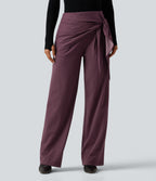 High Waisted Tie Side Wide Leg Stripe Work Trousers with Pockets — Plum Stripe — view 1