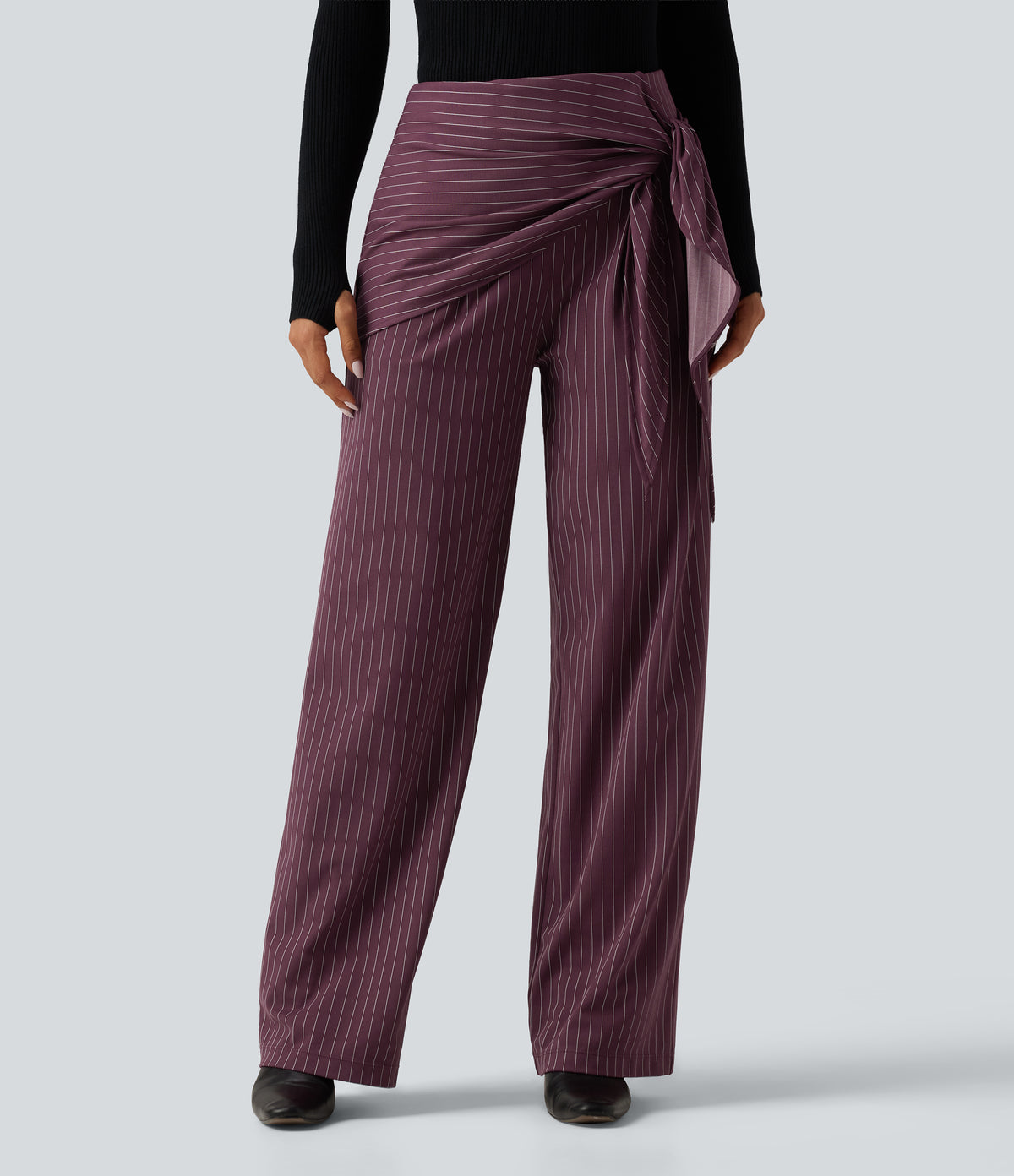 High Waisted Tie Side Wide Leg Stripe Work Trousers with Pockets — Plum Stripe — view 1