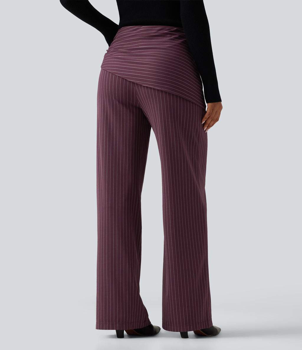 High Waisted Tie Side Wide Leg Stripe Work Trousers with Pockets — Plum Stripe — view 2