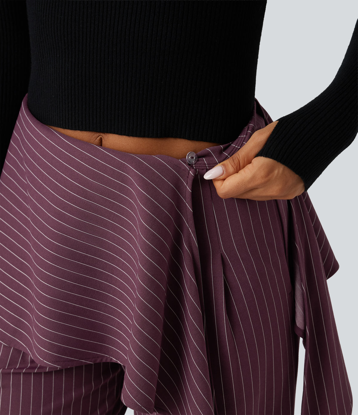 High Waisted Tie Side Wide Leg Stripe Work Trousers with Pockets — Plum Stripe — view 7