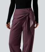 High Waisted Tie Side Wide Leg Stripe Work Trousers with Pockets — Plum Stripe — view 6